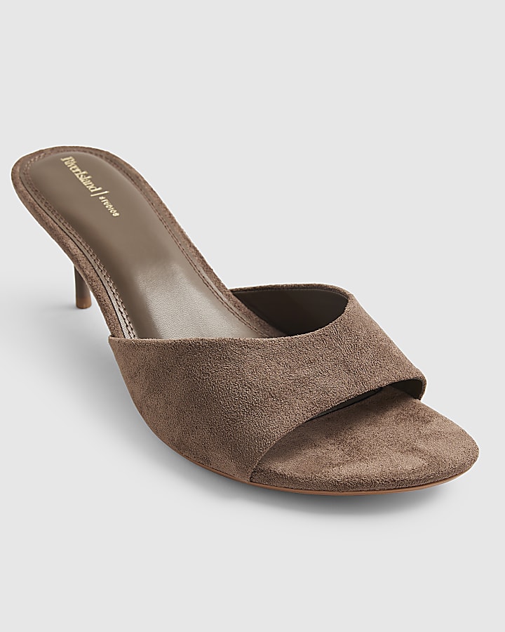 Beige Faux Suede Mule Heeled Sandals