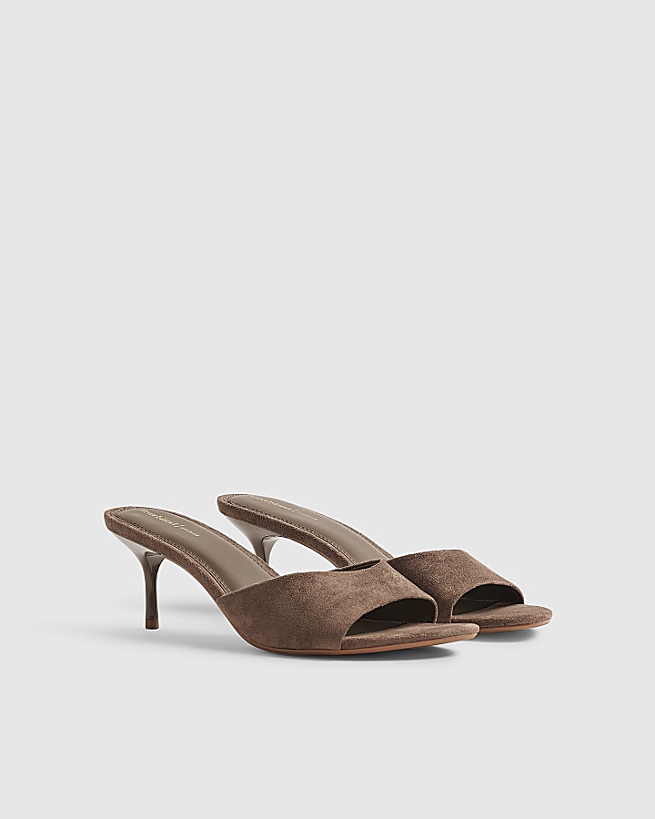 Beige Faux Suede Mule Heeled Sandals