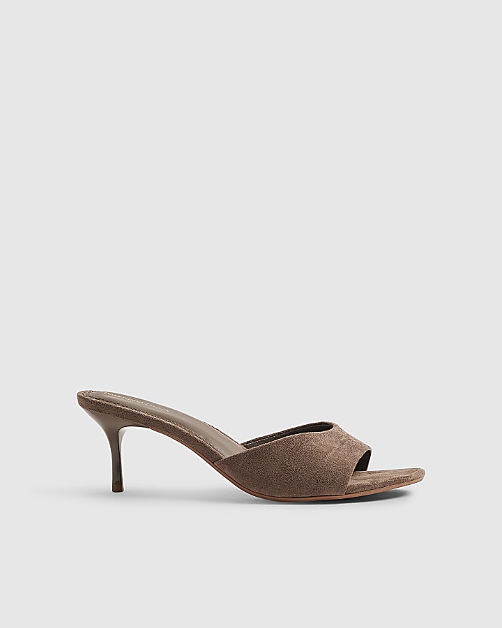 Beige Faux Suede Mule Heeled Sandals