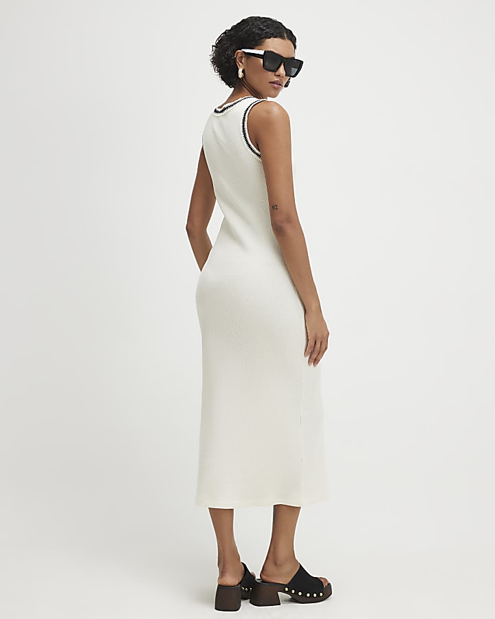 Cream Sleeveless Whipstitch Trim Midi Dress