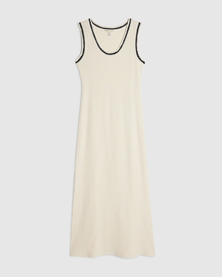 Cream Sleeveless Whipstitch Trim Midi Dress