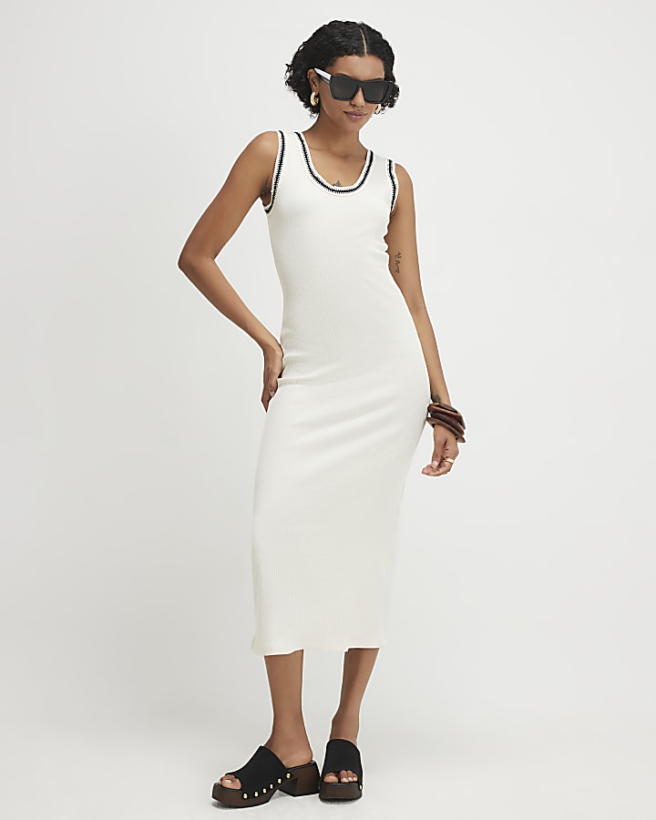 Cream Sleeveless Whipstitch Trim Midi Dress