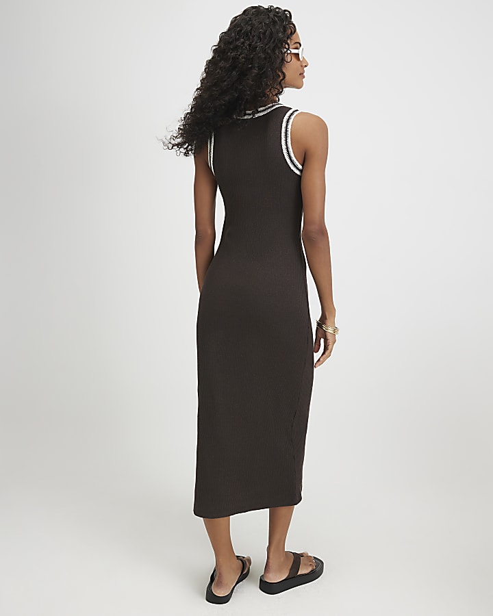 Brown Cotton Blend Whipstitch Trim Midi Dress