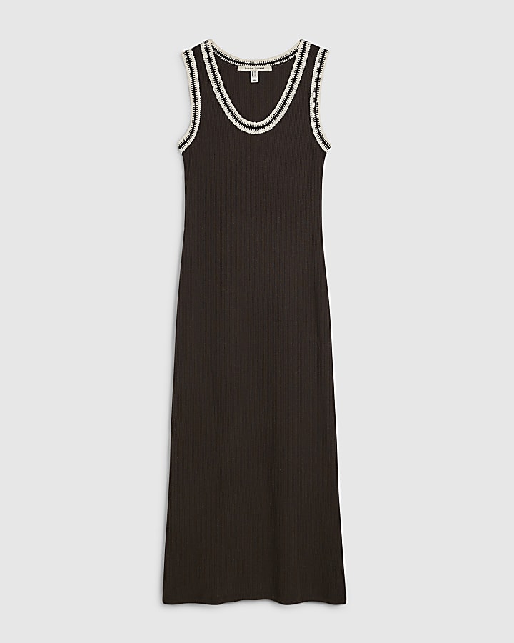 Brown Cotton Blend Whipstitch Trim Midi Dress