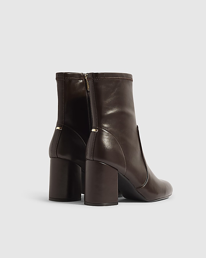 Brown Faux Leather Square Heel Stretch Boots