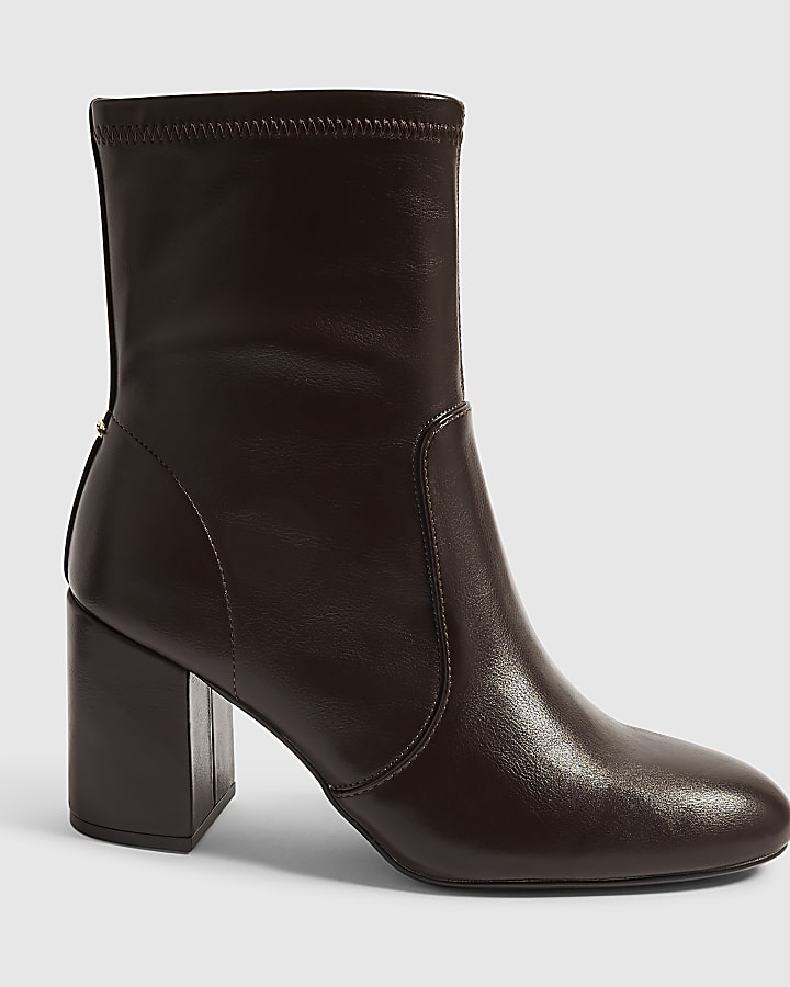 Brown Faux Leather Square Heel Stretch Boots