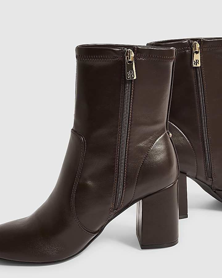Brown Faux Leather Square Heel Stretch Boots