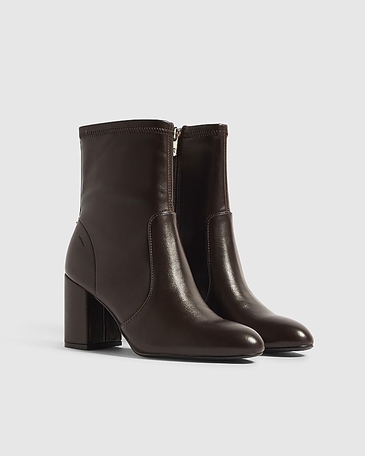 Brown Faux Leather Square Heel Stretch Boots