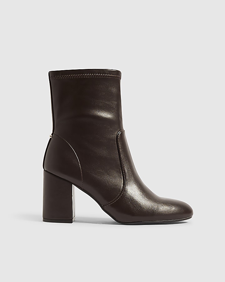 Brown Faux Leather Square Heel Stretch Boots