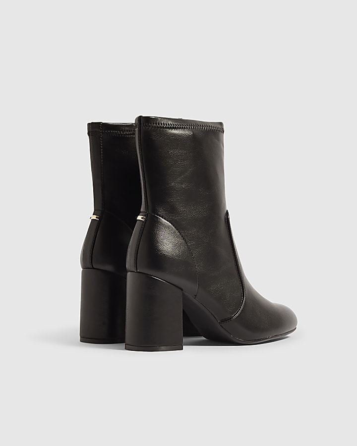 Black Faux Leather Square Heel Stretch Boots