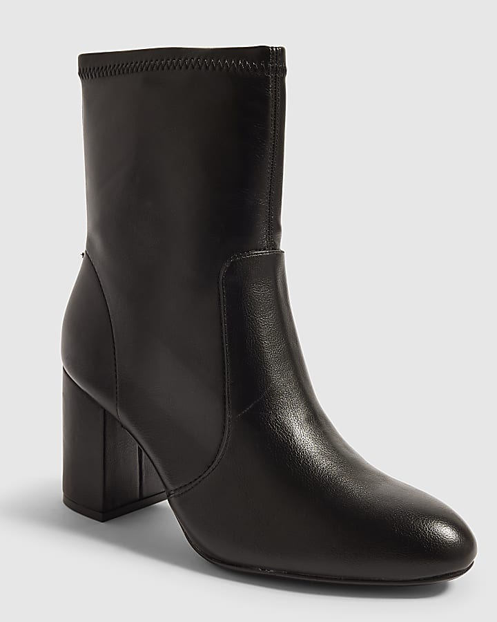 Black Faux Leather Square Heel Stretch Boots