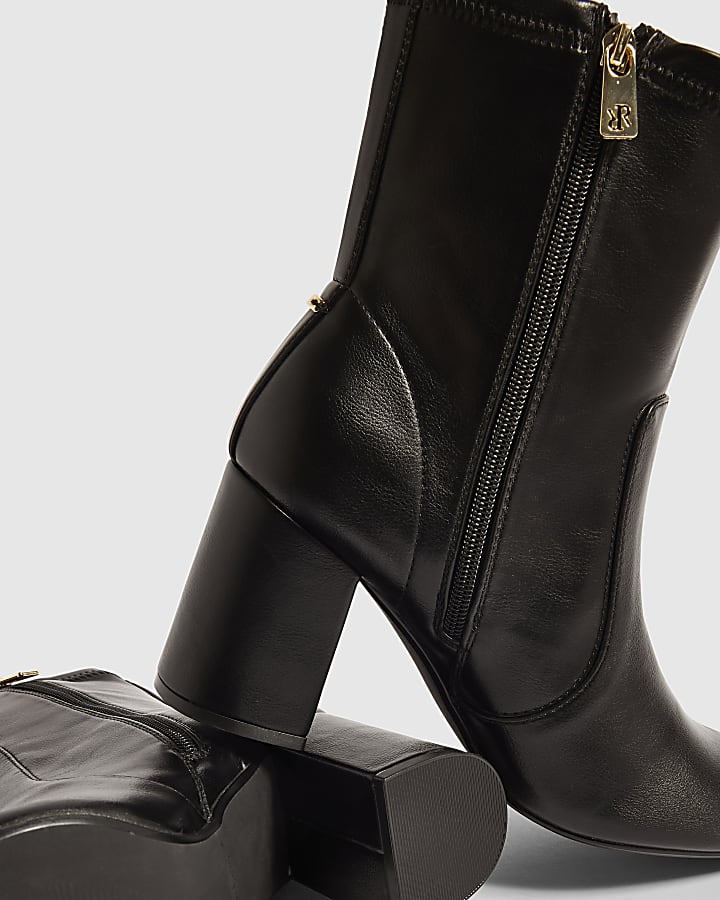 Black Faux Leather Square Heel Stretch Boots
