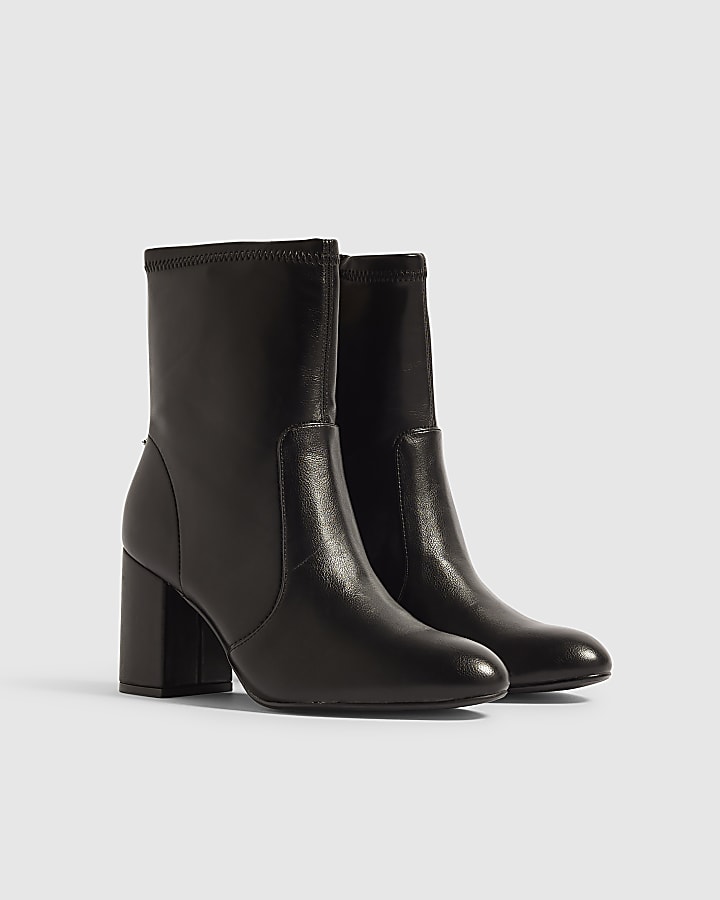 Black Faux Leather Square Heel Stretch Boots
