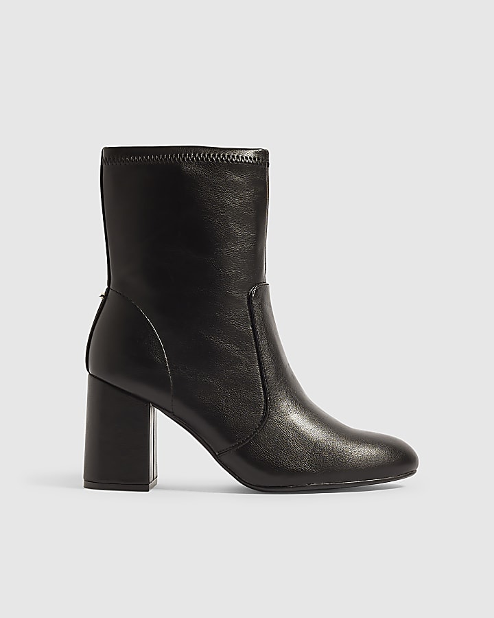 Black Faux Leather Square Heel Stretch Boots