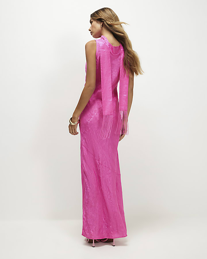 Pink Cowl Neck Jacquard Scarf Maxi Dress