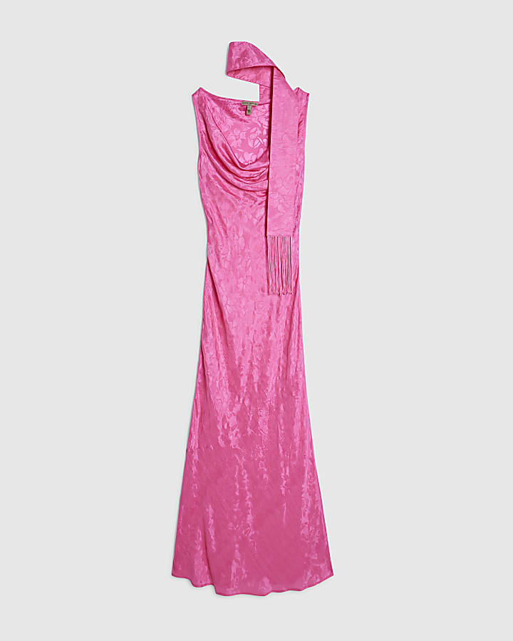 Pink Cowl Neck Jacquard Scarf Maxi Dress