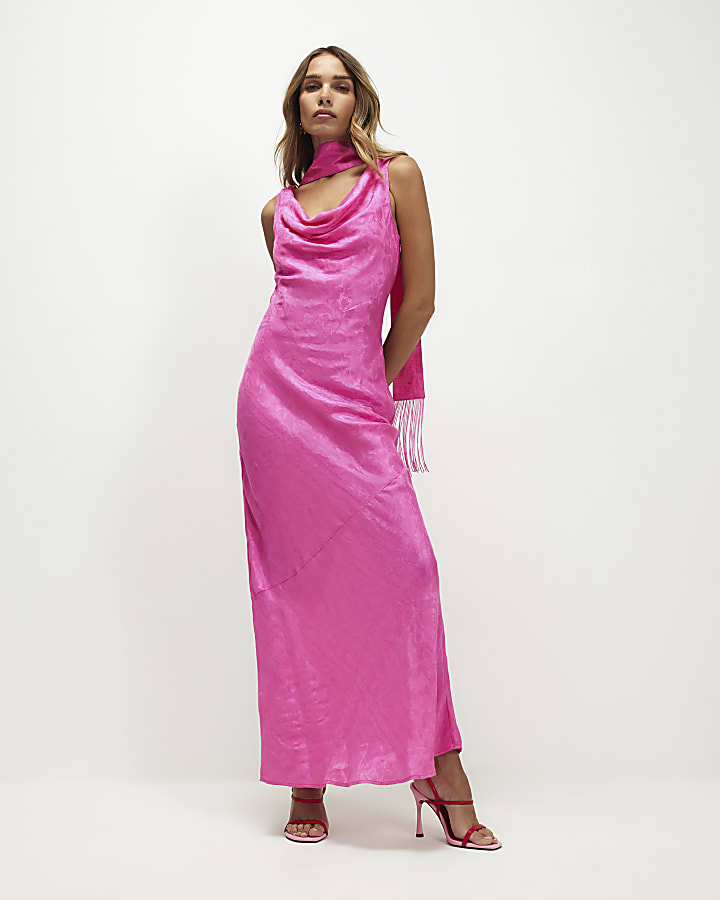 Pink Cowl Neck Jacquard Scarf Maxi Dress