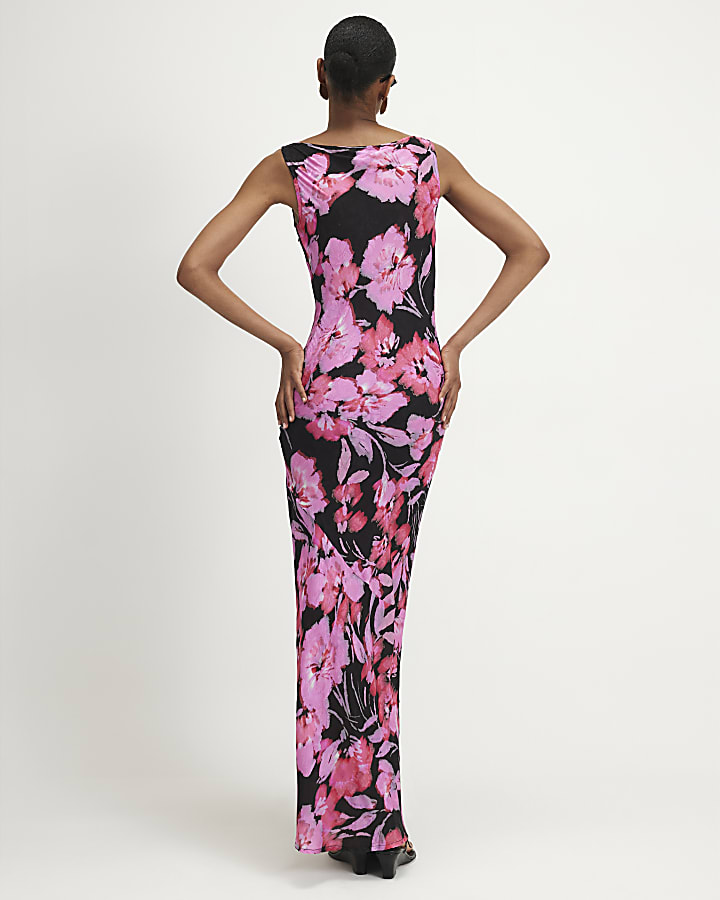 Black Jacquard Floral Cowl Neck Dress