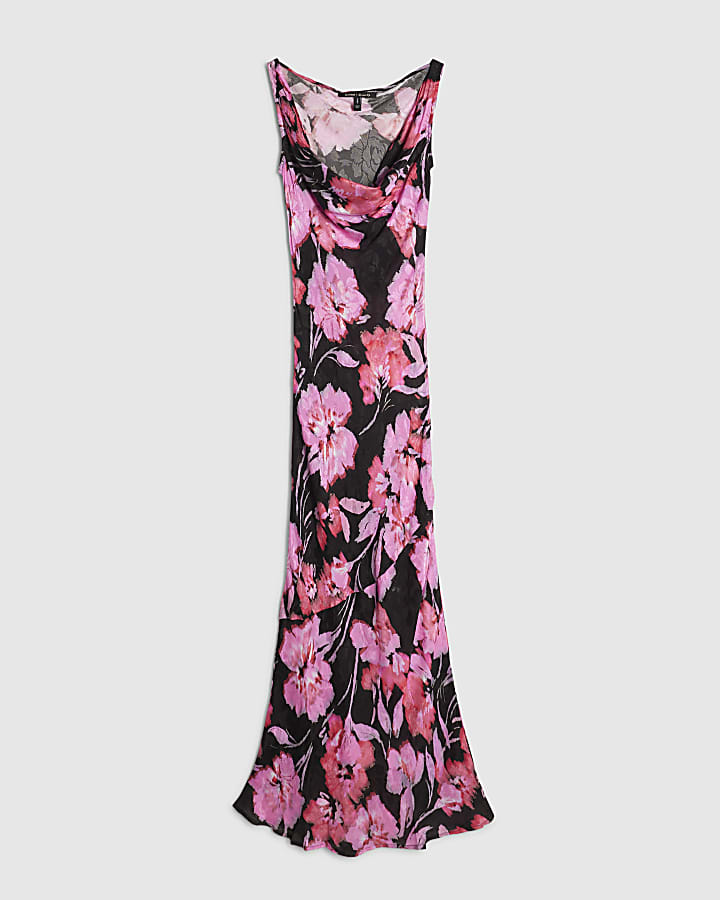 Black Jacquard Floral Cowl Neck Dress