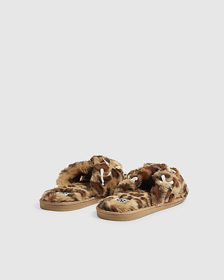 Brown Fluffy Leopard Cross Strap Slippers