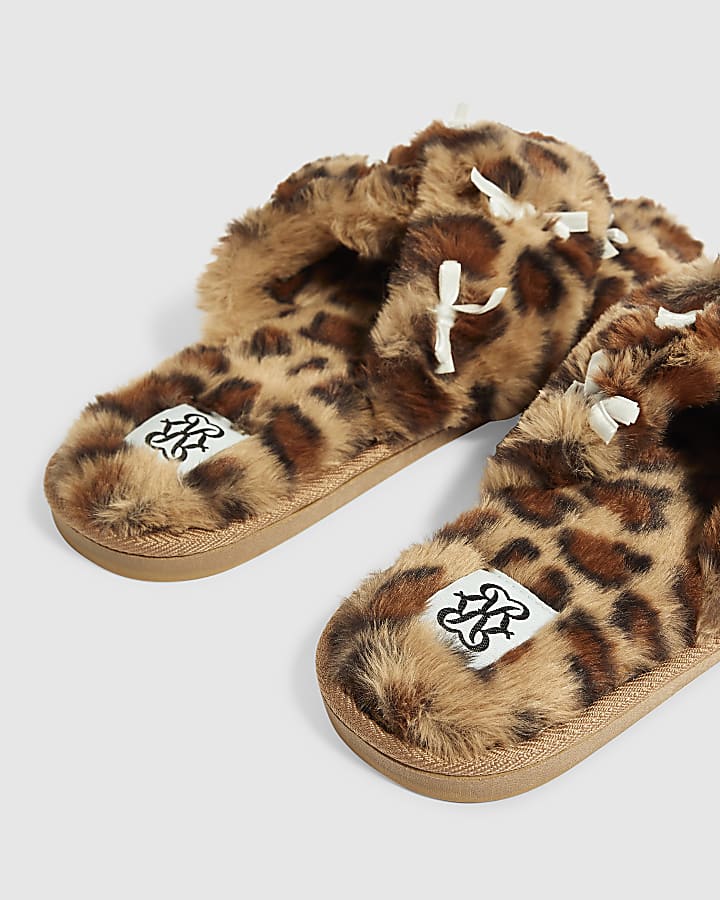 Brown Fluffy Leopard Cross Strap Slippers