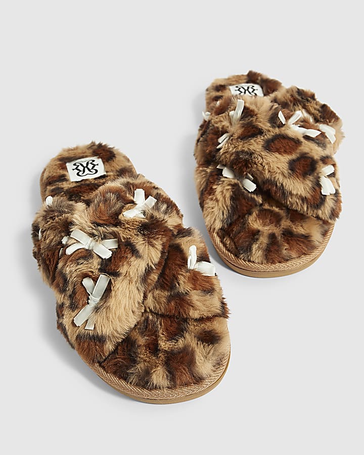 Brown Fluffy Leopard Cross Strap Slippers