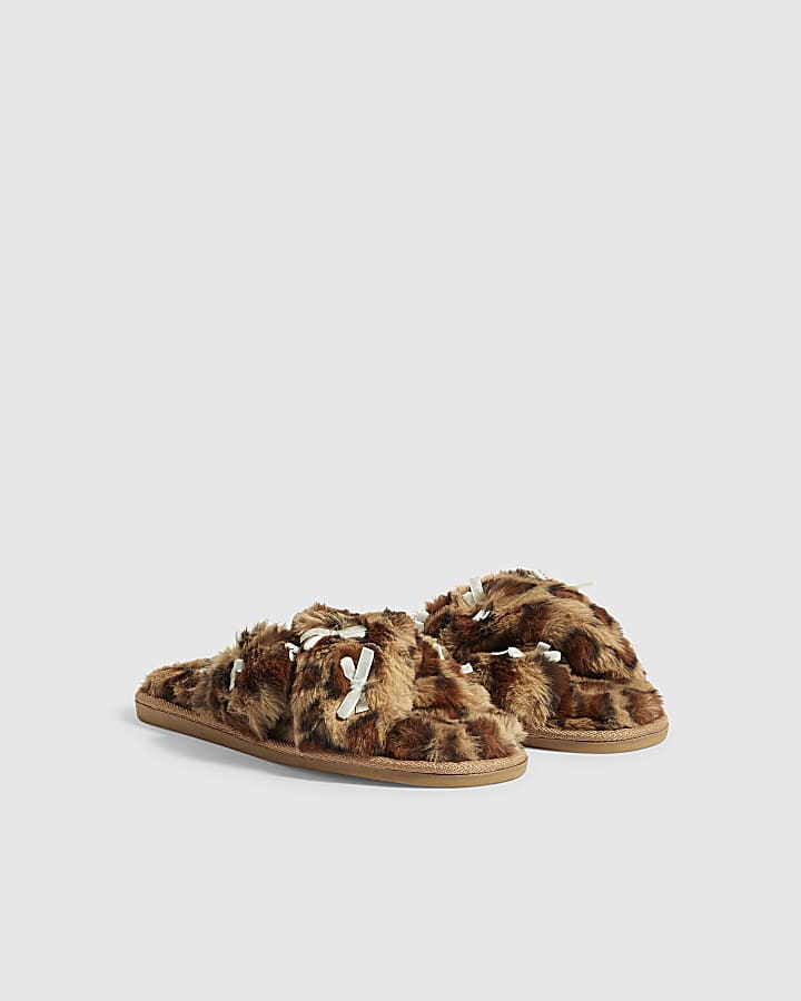 Brown Fluffy Leopard Cross Strap Slippers