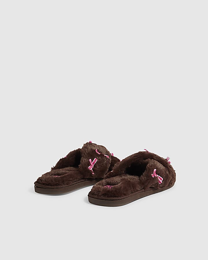 Brown Fluffy Cross Strap Bow Slippers