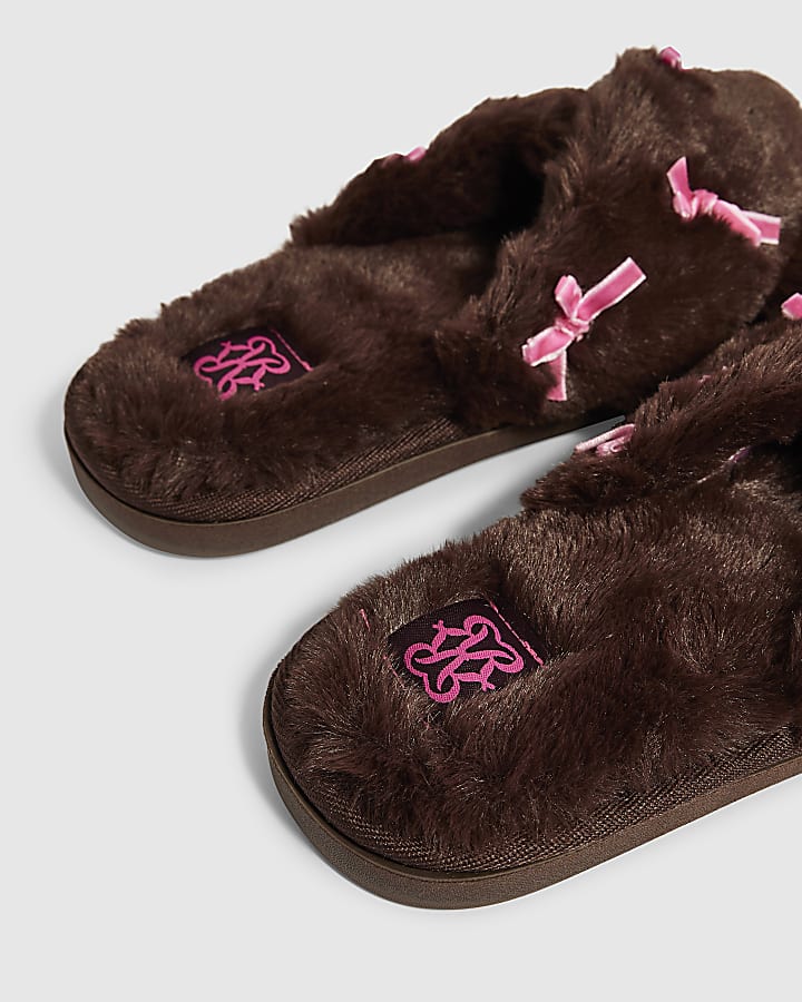 Brown Fluffy Cross Strap Bow Slippers