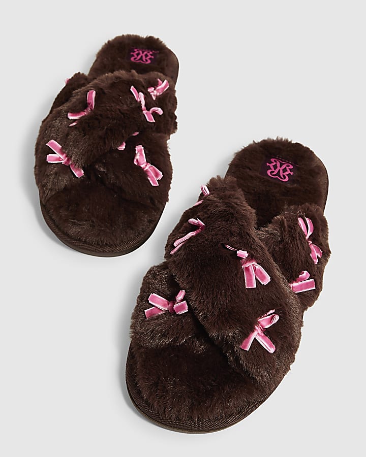 Brown Fluffy Cross Strap Bow Slippers