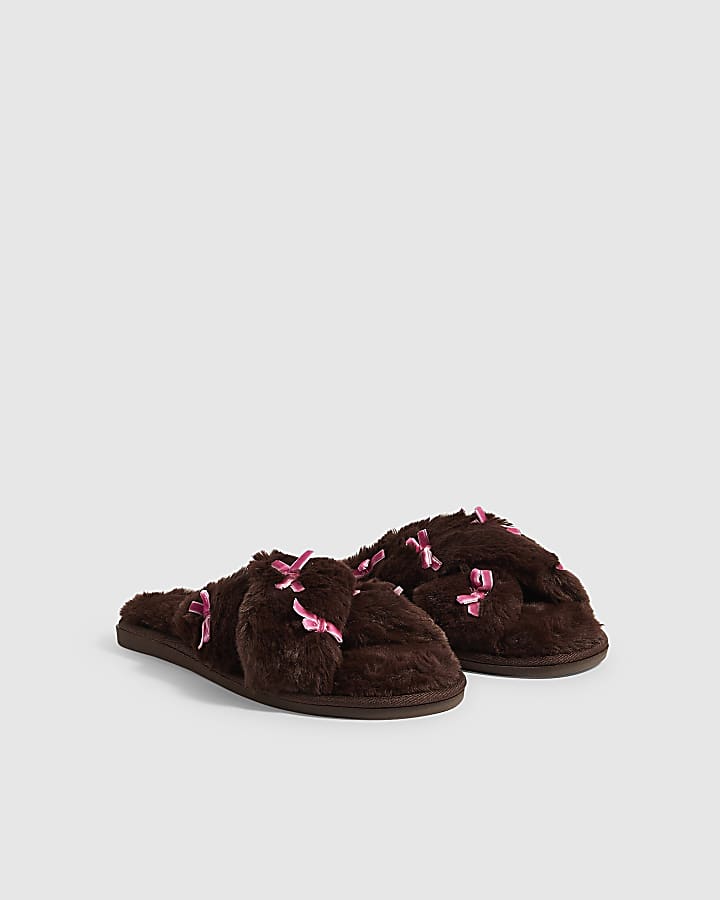 Brown Fluffy Cross Strap Bow Slippers