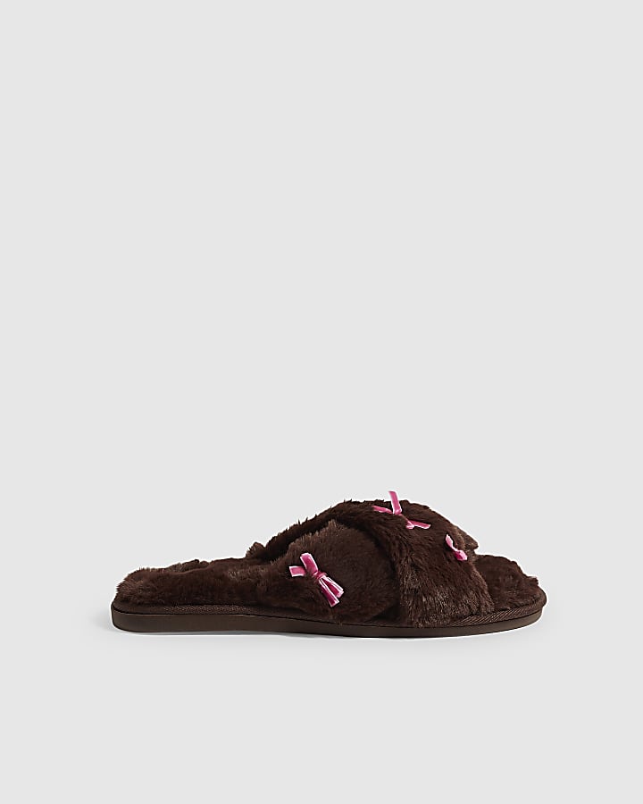 Brown Fluffy Cross Strap Bow Slippers