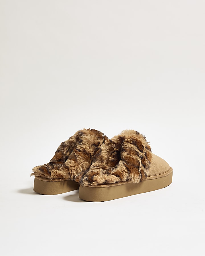 Brown Leopard Print Closed Toe Slippers