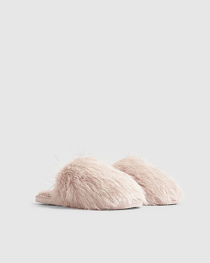 Pink Faux Fur Fluffy Mule Slippers