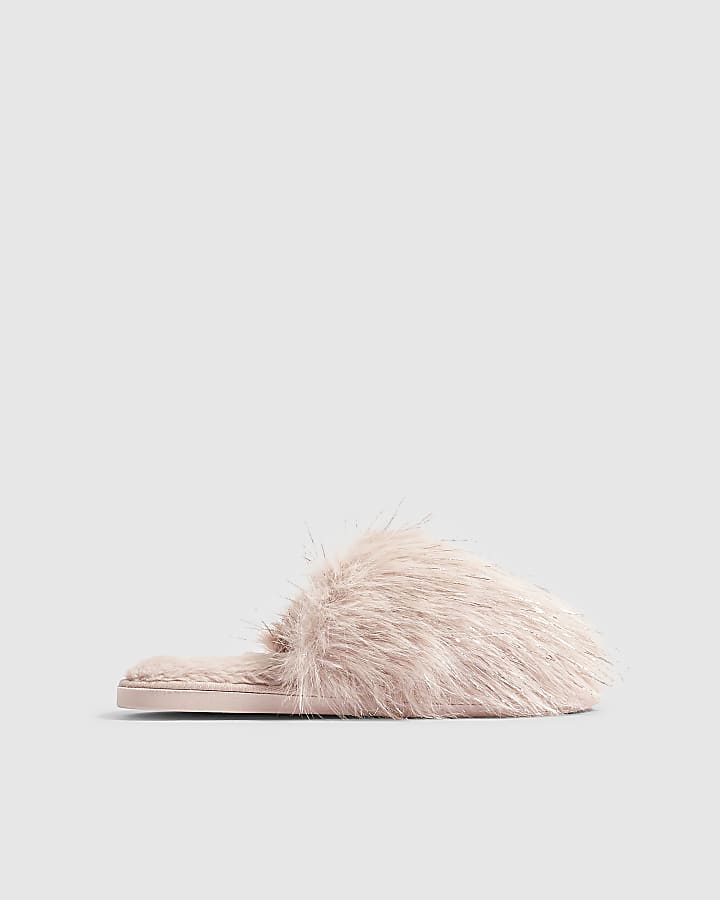 Pink Faux Fur Fluffy Mule Slippers
