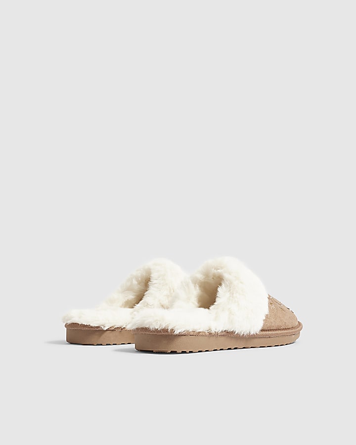 Beige Star Embroidered Mule Slippers