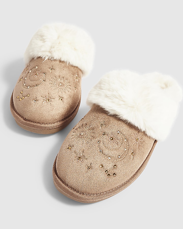 Beige Star Embroidered Mule Slippers