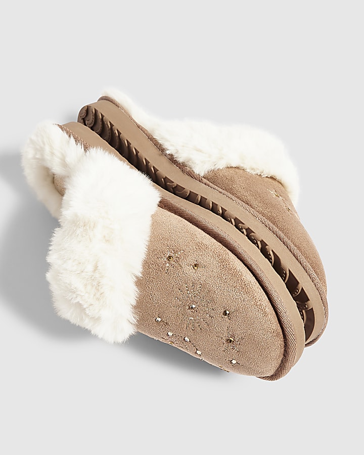 Beige Star Embroidered Mule Slippers