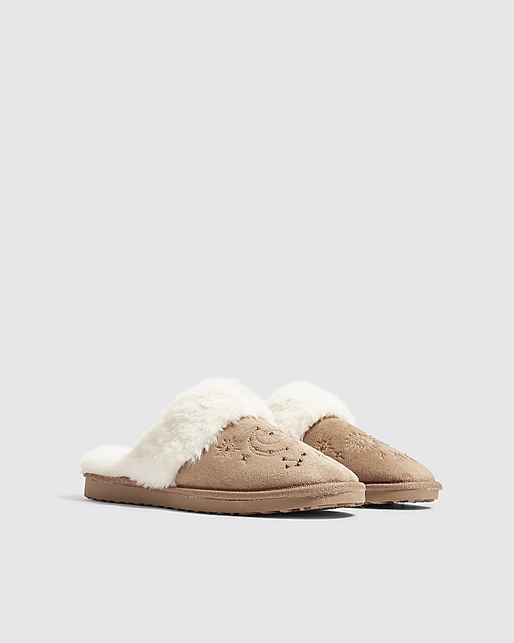 Beige Star Embroidered Mule Slippers