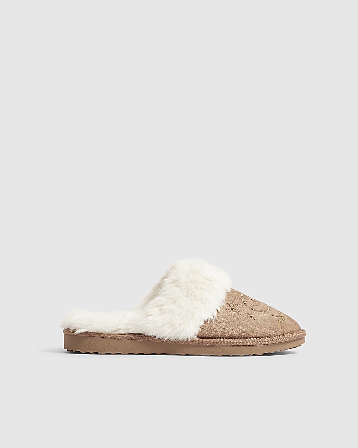 Beige Star Embroidered Mule Slippers