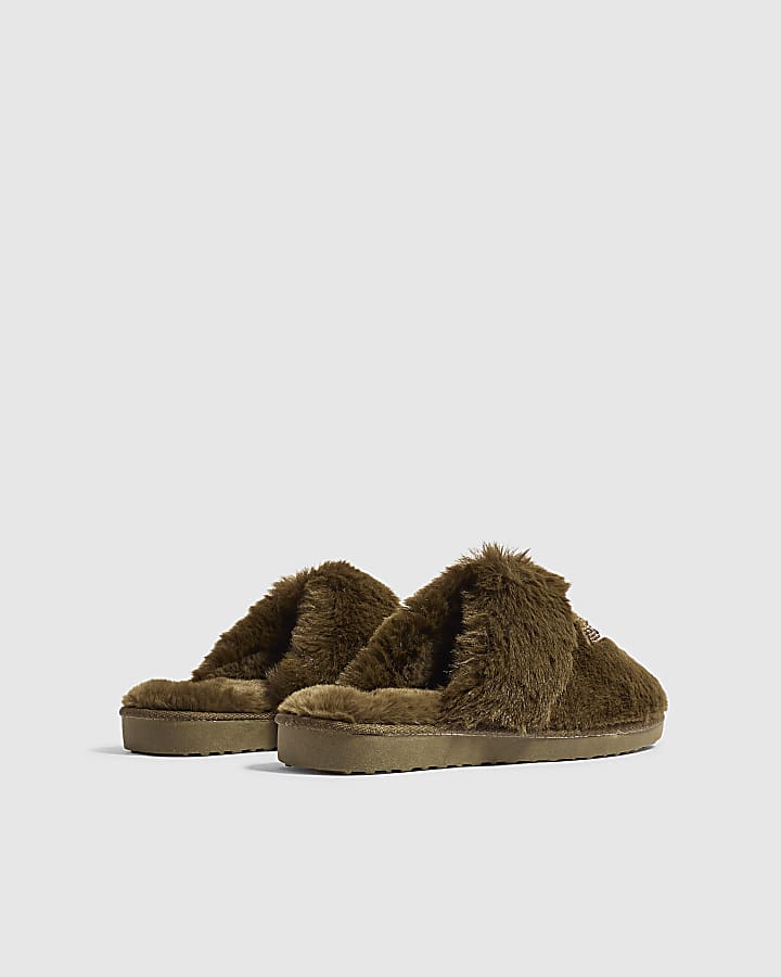Green Faux Fur Olive Embroidered Slippers