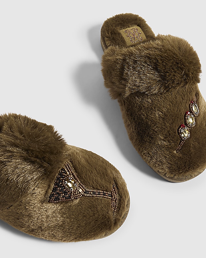 Green Faux Fur Olive Embroidered Slippers