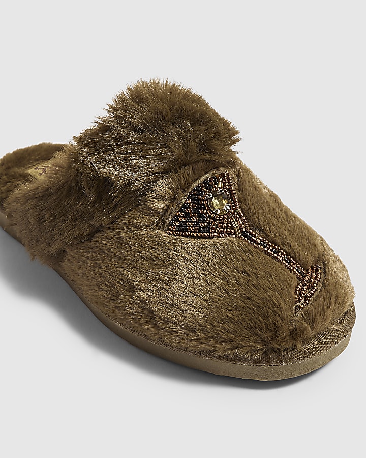 Green Faux Fur Olive Embroidered Slippers