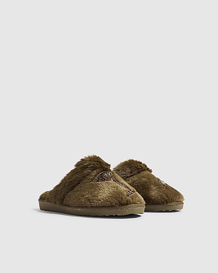Green Faux Fur Olive Embroidered Slippers
