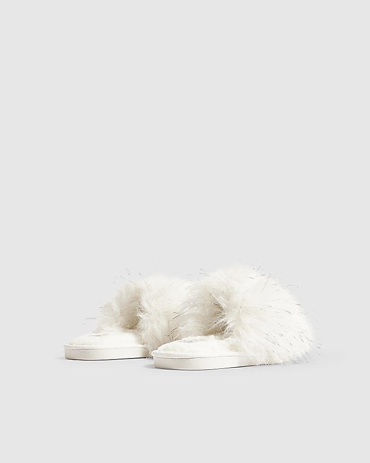 White Faux Fur Fluffy Mule Slippers