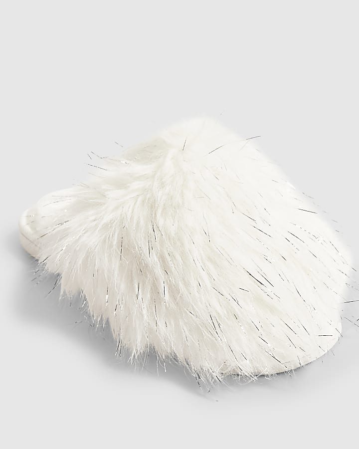 White Faux Fur Fluffy Mule Slippers
