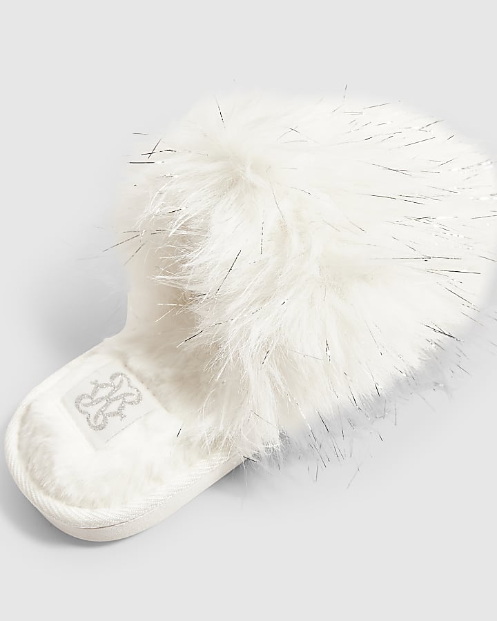 White Faux Fur Fluffy Mule Slippers