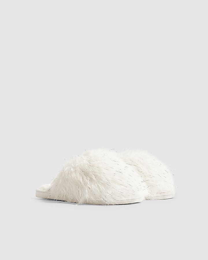 White Faux Fur Fluffy Mule Slippers