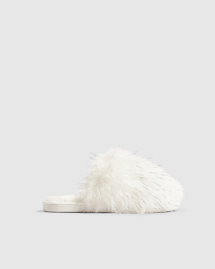 White Faux Fur Fluffy Mule Slippers