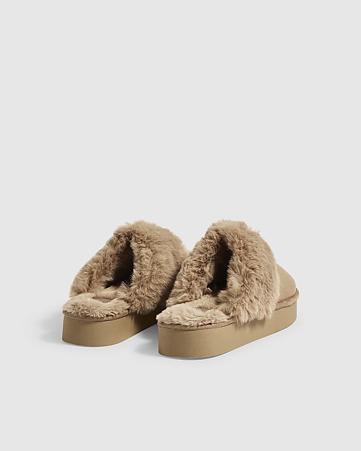 Beige Faux Fur Closed Toe Slippers